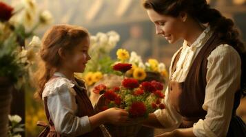 lächelnd Mutter und Tochter nehmen Pflege von Blumen während Gartenarbeit beim Bauernhof ai generiert foto