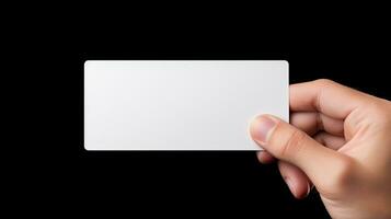 Nahansicht männlich Hand halten ein leer Karte oder ein Fahrkarte, Einladung, Coupon auf schwarz Hintergrund ai generiert foto