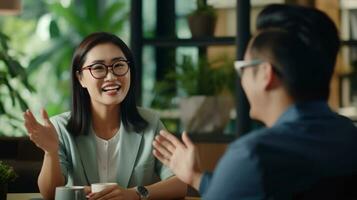 asiatisch jung Frau tragen Gläser, lächelnd und winken beim ihr Freund ai generiert foto