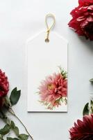 modern Geschenk Etikett spotten oben mit rot Blume perfekt zum Hochzeit ai generiert foto