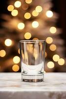 leer Glas Schuss zum alkoholisch Getränke mit verwischen Weihnachten Hintergrund Attrappe, Lehrmodell, Simulation ai generiert foto