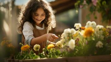 lächelnd wenig Mädchen nehmen Pflege und Pflanze Blumen im das Garten oder ein Bauernhof ai generiert foto