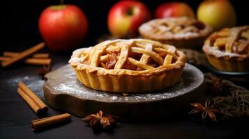 klein Apfel Kuchen mit Gitter Kruste, Zimt Stöcke foto