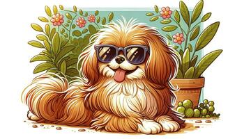 Illustration von ein süß Hund, es ist Pelz gekräuselt spielerisch, anziehen ein Paar von modisch Sonnenbrille, faulenzen bequem im ein sonnig Garten Einstellung. ai generativ foto