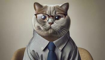 ein charismatisch Katze mit ein glänzend Mantel, tragen klar Rezept Brille und ein Knopfleiste Shirt, Sitzung aufrecht mit ein zuversichtlich Ausdruck gegen ein neutral Innen- Einstellung. ai generativ foto
