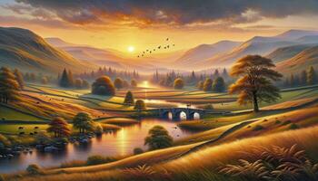 ein Öl Gemälde abbilden ein friedlich Landschaft Szene während Sonnenuntergang. ai generativ foto