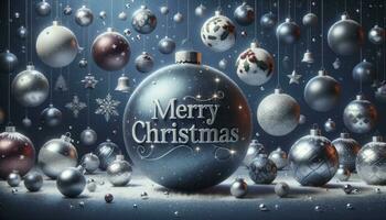 mehrere schwebend Ornamente gegen ein schneebedeckt Hintergrund, mit das zentral Ornament prominent Anzeigen fröhlich weihnachten.ai generativ foto