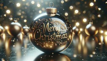 ein schließen oben von ein glänzend Weihnachten Ball Ornament mit fröhlich Weihnachten geätzt im Gold. ai generativ foto