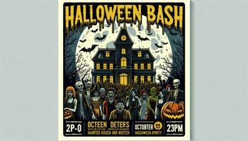ein Poster zum ein Halloween Bash mit ein verfolgt Haus, voll Mond, und verschiedene gespenstisch Figuren. ai generiert foto