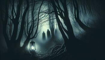 ein Fotostil Darstellung von ein dunkel, nebelig Wald Pfad mit mysteriös zahlen lauern im das Nebel, beleuchtet durch ein dim Laterne. ai generiert foto