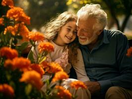 Großvater und wenig Enkelin Pose glücklich unter Blumen. generativ ai foto