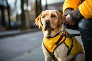 ein leiten Hund hilft ein blind Mann auf das Straße generativ ai foto