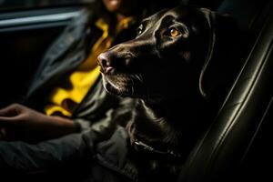 Hund Sitzung auf das Passagier Sitz von ein Auto Nahansicht generativ ai foto