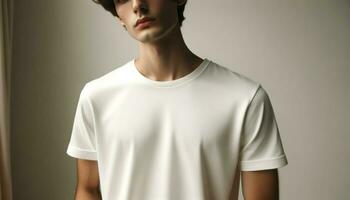 ein Modell- posieren beiläufig gegen ein neutral Hintergrund, tragen ein einfach Weiß T-Shirt bereit zum Branding.. generativ ai foto