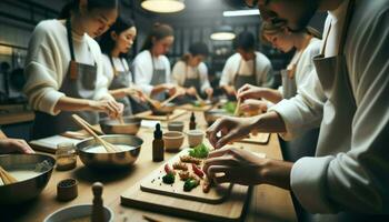 ein Gruppe Lernen zu kochen, mit einer Person vorsichtig garnieren ein Gericht.. generativ ai foto