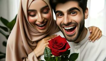 Nahansicht von ein Muslim Paar halten Rosen wie Sie Treffen auf Valentinstag Tag. generativ ai foto