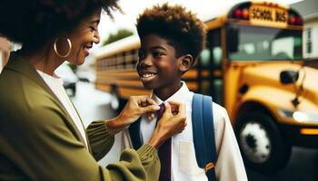 ein Nahansicht Moment wo ein afrikanisch Abstammung Mutter passt sich an ihr Söhne Krawatte wie Sie Stand im Vorderseite von ein Schule Bus. generativ ai foto