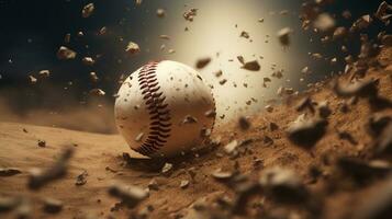 generativ ai, Baseball Ball im trocken Sand Explosion, auf das Krüge Hügel foto