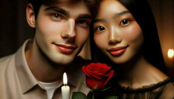ein Nahansicht von ein jung Paar mit vielfältig ethnisch Hintergründe, ihr Gesichter beleuchtet durch das Sanft glühen von ein Kerze.. generativ ai foto