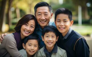 glücklich Pose von ein asiatisch Familie im das Park unter das Grün. generativ ai foto
