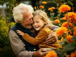 Großvater und wenig Enkelin Pose glücklich unter Blumen. generativ ai foto