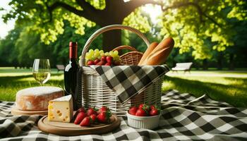 ein kariert Decke Verbreitung im ein Park mit ein Korb, Wein, Käse, und Erdbeeren, unter ein schattig Baum.. generativ ai foto