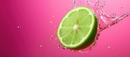 generativ ai, frisch Limette Makro, Grapefruit Scheibe im Wasser Spritzen, Grün und Rosa Magenta Farben foto