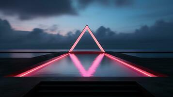 generativ ai, minimalistisch Insel Paradies mit geometrisch Neon- Licht Brücke, futuristisch Landschaft foto