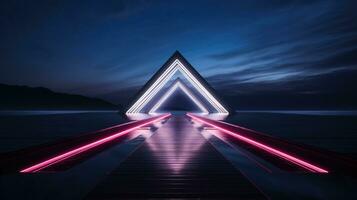 generativ ai, minimalistisch Insel Paradies mit geometrisch Neon- Licht Brücke, futuristisch Landschaft foto