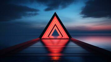 generativ ai, minimalistisch Insel Paradies mit geometrisch Neon- Licht Brücke, futuristisch Landschaft foto