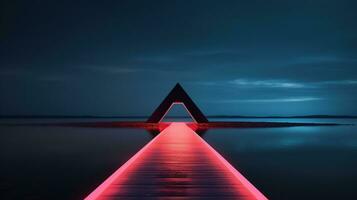 generativ ai, minimalistisch Insel Paradies mit geometrisch Neon- Licht Brücke, futuristisch Landschaft foto