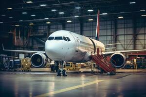 Flugzeug Instandhaltung im Halle. generativ ai foto