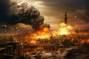 Schlachtfeld mit Bombe Explosionen. generativ ai foto