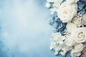 ai generiert Blumen auf Blau mit Kopieren Raum foto