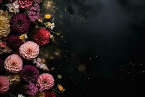 ai generiert Blumen auf dunkel Hintergrund mit Kopieren Raum foto