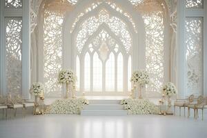ai generiert Hochzeit Bogen mit Blumen auf Weiß foto
