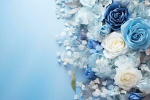 ai generiert Blumen auf Blau mit Kopieren Raum foto