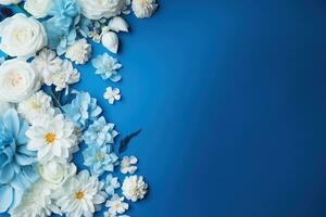 ai generiert Blumen auf Blau mit Kopieren Raum foto