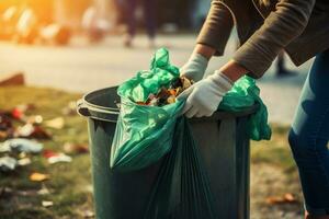 Frau Öffnung Behälter zu werfen Müll Tasche fassen. generieren ai foto