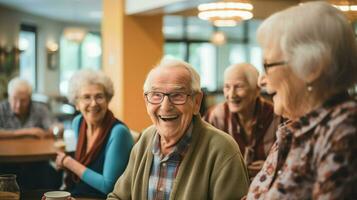 ein Gruppe von Alten Menschen haben Spaß zusammen. generativ ai foto