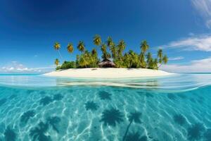 tropisch Insel mit Palme Bäume Atoll im das Ozean, tropisch Insel im Malediven beim Sommer- Zeit. Panorama, ai generiert foto