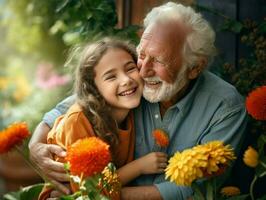 Großvater und wenig Enkelin Pose glücklich unter Blumen. generativ ai foto