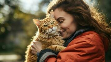 jung Frau umarmen ihr Katze außen. generativ ai foto