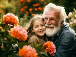 Großvater und wenig Enkelin Pose glücklich unter Blumen. generativ ai foto