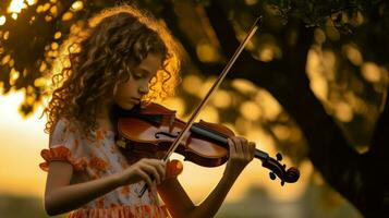 jung Mädchen spielen Violine im Natur beim Sonnenuntergang. generativ ai foto