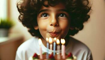 jung Junge feiern Geburtstag durch weht aus Kerzen auf Kuchen.. generativ ai foto