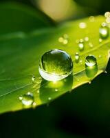 heiter Schönheit gefangen im ein Single Blatt, geschmückt mit schimmernd Wasser Tröpfchen, ein Testament zu das kompliziert Wunder von das natürlich Welt.. generativ ai foto