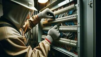 ein Elektriker, mit Sicherheit Handschuhe und Werkzeug, Arbeiten auf ein öffnen elektrisch Panel.. generativ ai foto