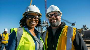 Ingenieure posieren zusammen im schützend Kleidung und Helme beim das Arbeit Seite? ˅. generativ ai foto