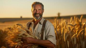 alt Farmer Stehen im seine Feld und halten Weizen im seine Hände. generativ ai foto